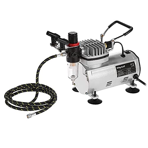 Image of Mini Air Compressor Portable for Airbrush Makeup, Canvas Painting 40-58psi Handheld Electric with 6ft hose pipe and airbrush holder-18B