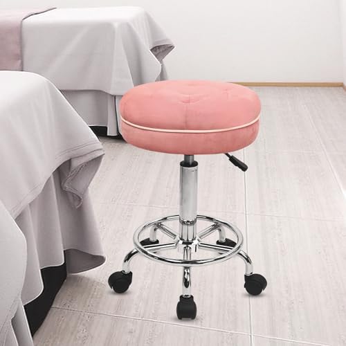 Image of KLASIKA Velet Rolling Bar Stool with Wheels, Tall Drafting Stool with Adjustable Height and Footrest, Multi-Purpose Office Desk Chair for Home Kitchen Shop Work, Pink (4PK)