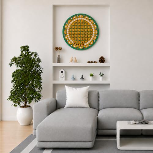 Image of Ethnics of Kutch Traditional Kutch Handicraft Mud-Mirrorwork Lippan Kam Wall Art (Water and Break Resistant) - Round (12 Inch Diameter) - (Yellow LKT-0281)