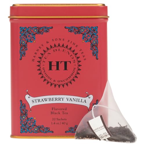 Image of Harney & Sons HT Strawberry Vanilla Black Tea, 20 Sachets in Tin | Black tea with strawberry and vanilla flavors for a smooth, fruity cup. Contains caffeine.