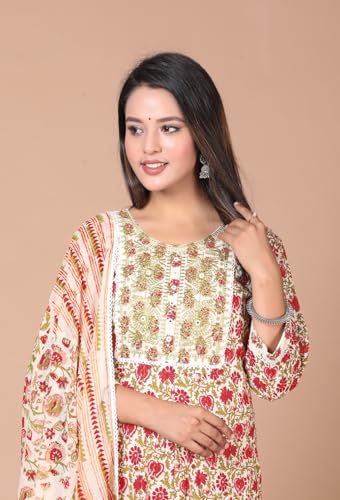 Image of Queens World Women's Anarkali Pure Cotton Floral Printed Kurta Pant Set With Dupatta (M To 2XL- Size)