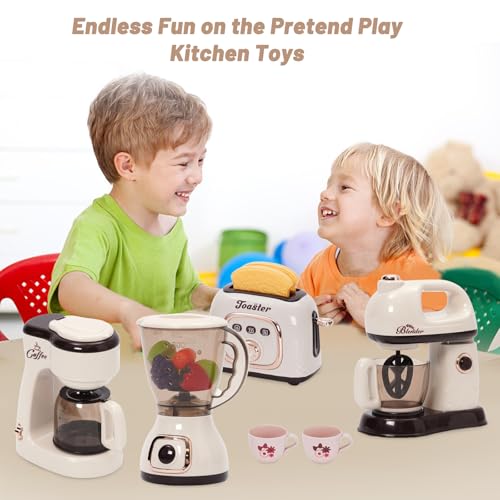Kinder Küchengeräte Set mit Kaffeemaschine Mixer Toaster Rührgerät, Kinderküche Spielküche Zubehör, Kinder Kaffeemaschine Spielzeug mit Geräusch und Licht, Rollenspiel Geschenk für Kinder ab 3 Jahren