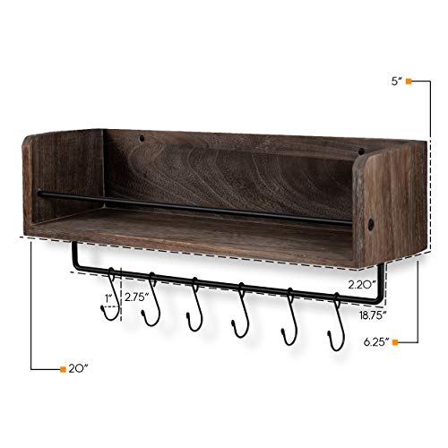 Rustic State William Wall Mount Floating Shelf with Rail and Hooks | Farmhouse Design 20 Inch Torched Distressed Wood Vintage (Distressed Walnut) - Thumbnail 5