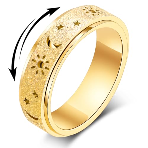 OreilleStar Fidget Anxiety Ring for Women: Sun Moon Star Symbols Stress Relief Thumb Spinner Ring Stainless Steel Toys Adults Gift for Men Silver Gold...