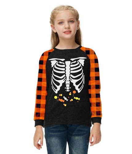 Image of Remimi Girls Thanksgiving Shirts Buffalo Plaid Raglan Tee Cute Turkey Holiday Party Long Sleeve Tshirt 5-14 Years