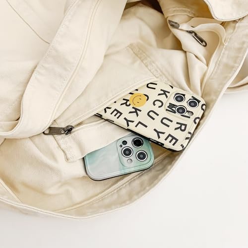 Image of Cotton Tote Handbag Women Canvas Crossbody Beach Bag Hobo Shoulder Tote Bag with 3 External Pocket,Zipper Closure