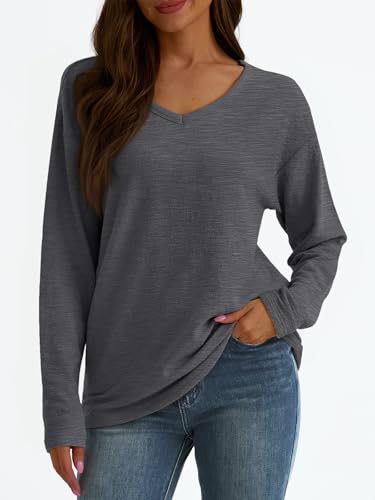 Image of AUTOMET Women's Long Sleeve Oversized Tshirts V Neck 2025 Cotton Tops Lightweight Pullover Casual Basic Tees