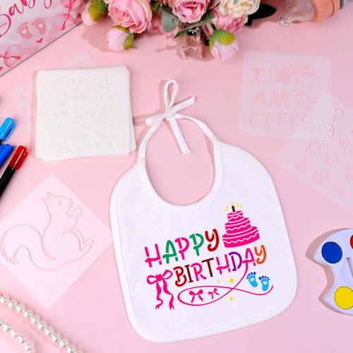 FIONUPI 55 Pcs Baby Bibs Decorating Kit Includes 1 Wooden Pink Bow Baby Shower Game Sign 22 DIY White Bibs 22 Bow Stencils 10 Colorful Markers Supplies for Shower Games4