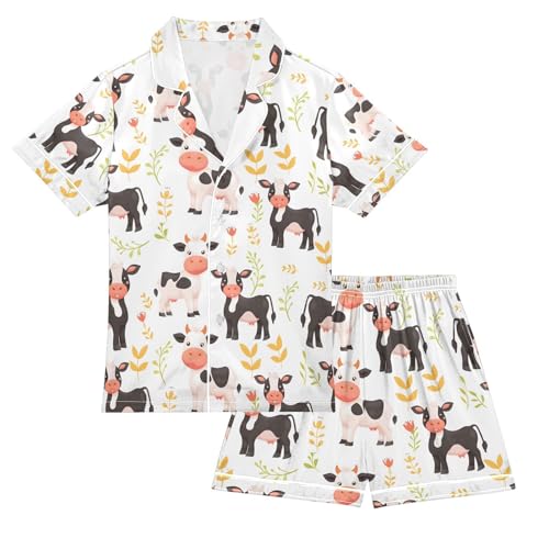 ALAZA Cute Cow Flower Pajamas Satin Pajama Set Short Sleeve Button Down Sleepwear