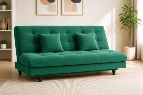 Image of Los Angeles Modern Convertible Futon Sofa Bed, Tufted Upholstered Folding Couch with Adjustable Backrest, Space Saving Sleeper Sofa for Living Room, Apartment, Office, Dorm & Guest Room - Green