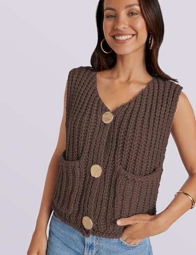 Image of UEU Womens Chunky Sweater Vest Button Down Sleeveless Cardigan V Neck Crop Crochet Knit Tops 2025 Fashion Trendy Clothes
