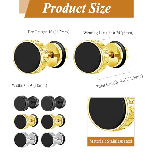 Aroncent Mens Fake Gauge Earrings: 3 Pairs Norse Viking Compass Rune Stainless Steel Fake Gauge Plugs Studs - Punk Jewelry Set Black Silver Gold2
