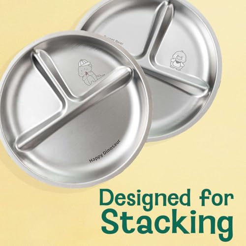 Image of Basil Stainless Steel Plate for Kids - Kids Plates for Food with 3 Compartments - Dinner Plates for Baby - Unbreakable Dinner Plates - Ideal for Birthday, Return Gifting - Wheel Plate - Pack of 2