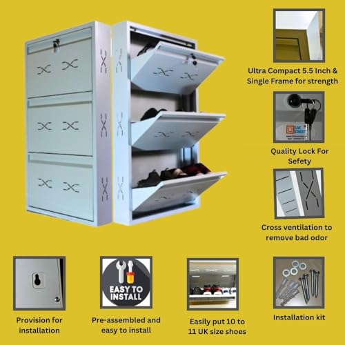 Image of I Metal Shoe Rack I Slim and Wall Mounted I 3 Shelves (Ivory Colour) I Coad LC 2M-03 IV I Height 43 Inches, Width 24 Inches, Depth 5.5 Inches I 3 Years Warranty.