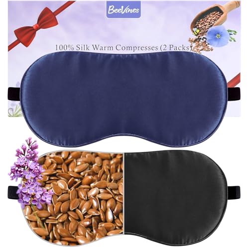 BeeVines Lavender Eye Mask for Dry Eyes, 2 Packs Moist Heat Warm Eye Compress, Microwave Activated Heated Eye Masks, Flaxseed Sleep Mask for Blepharitis, Migraine, Puffy, Pain Relief (Black & Blue)