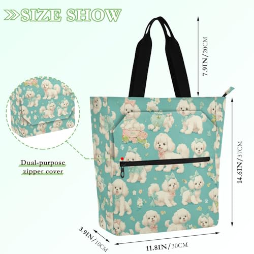 Book Bag Art Tote Bag for Boys Girls Women, Cartoon Puppy Dog Sea Blue Sturdy Reusable Grocery Bag with Zipper Pockets for School Shopping Travel2