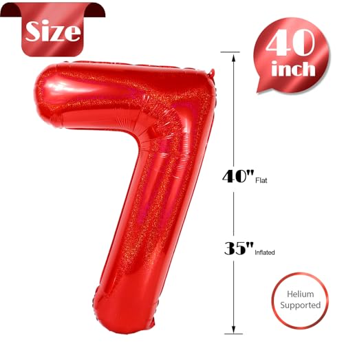 Image of Laser Red 7 Balloon, Number Balloons 40 Inch, 7th Birthday Decorations, Party Decoration for Women, Number 7 Balloon