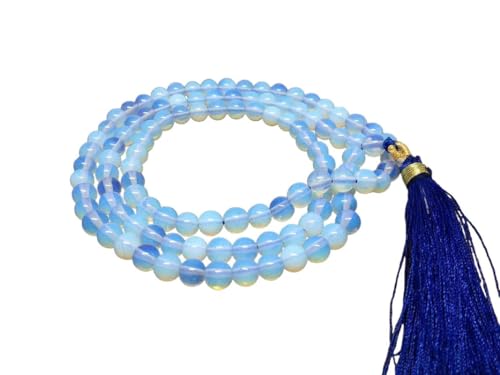 Collier Mala perlé de prière 108 perles de 8mm en opalite avec gland de méditation