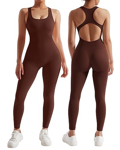 RXRXCOCO Women Backless One Piece Jumpsuits Sleeveless Scoop Neck Bodycon Romper Seamless Workout Athletic Yoga Jumpsuits Brown-1 Medium