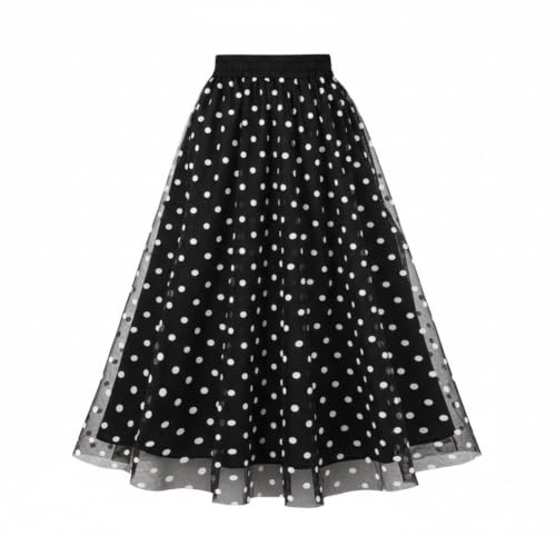 Women 1950s Retro Layered Polka Dot Tulle Midi Skirt High