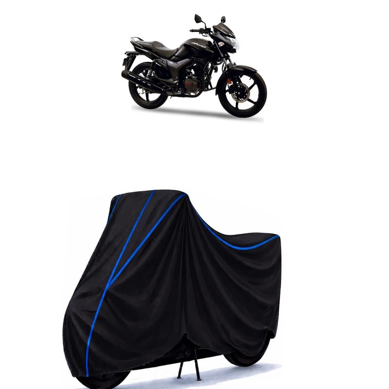 Image of Hero Hunk Standard Bike Cover Water Resistant Universal Motorcycle Rain | Heavy Duty UV Protection, Dust, Scratch Indoor Outdoor All Weather with Black Blue Piping Elastic
