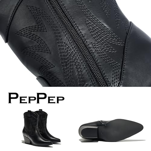 Image of PEPPEP Western Cowgirl Cowboy Ankle Boots for Women or Ladies, Mid Calf, Vegan Leather Embroidered Upper, Low Heel, Fashionable Pointed-toe, Well Made