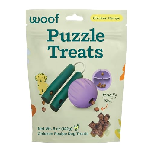 WOOF Air-Dried Puzzle Treats for Dogs, Chicken, 5 oz | Air-dried chicken, puzzle toy compatible, training treats, bite-sized pieces, made with brown rice