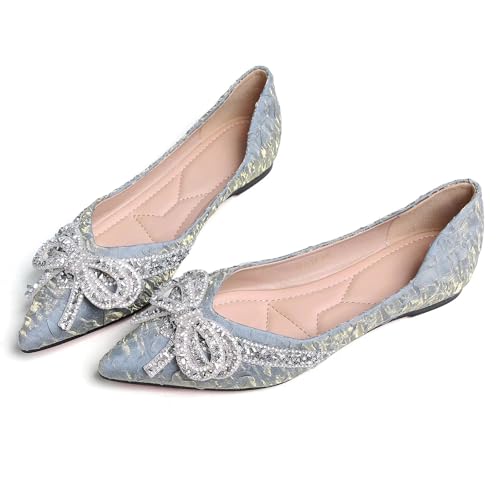TN TANGNEST Womens Ballet Flats Shiny Rhinestone Bowknot Pointed Toe Dress Flats Cute Slip On Flat Shoes Comfortable Wedding Party Flats Blue 40(7.5)2