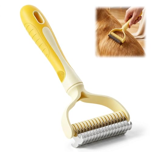 Double-Sided Pet Grooming Brush, Undercoat Rake Deshedding Brush for Dogs and Cats,Extra Wide 17 Teeth Dog Detangler Comb,Pet Pro Grooming Tool For Long hair &amp; Thick Coats (Yellow)