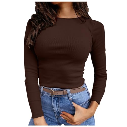 Slim Fit Ribbed Round Neck Long Sleeve T-Shirts for Women Basic Blouse Casual Tops Solid Color Shirts