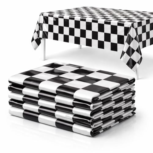 Oojami 6 Pack Checkered Tablecloth Plastic Disposable Black and White Checkered Flag Table Cover for Race Car Birthday Party Decorations, Baby Shower, Picnic - Heavy Duty, 54 x 108 Inch Oojami 6 Pack Checkered Tablecloth Plastic Disposable Black and White Checkered Flag Table Cover for Race Car Birthday Party Decorations, Baby Shower, Picnic - Heavy Duty, 54 x 108 Inch