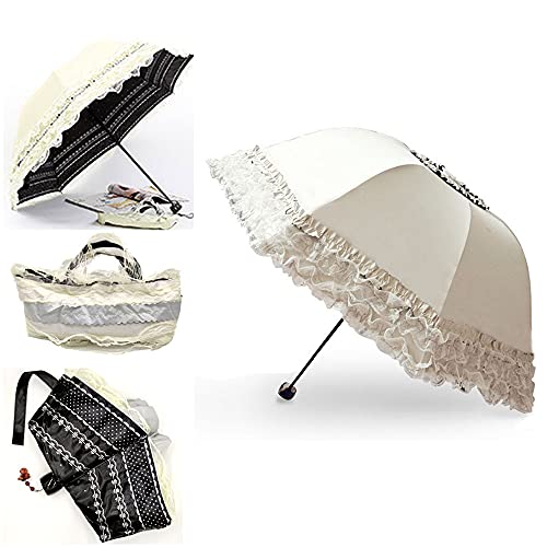 Wanlian Princess Lace Ultraviolet-Proof Triple Folding Umbrella Dome Used For Parasoldecorations Photoshoot Props.（Rice White） #TOP3
