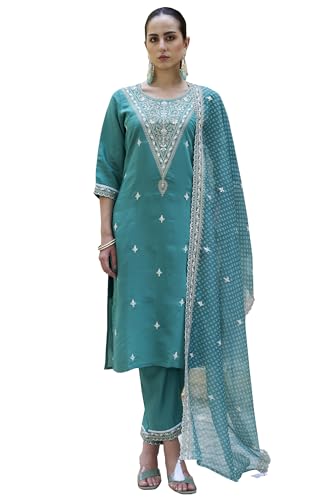 Image of VredeVogel Women's Silk Blend Embroidered Kurta with Pant & Organza Dupatta Set