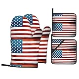 WHJDPP 4-teiliges Set mit amerikanischer USA-Flagge im Vintage-Stil, bestehend aus 2 isolierten Handschuhen und 2 Topfdeckel-Pads mit Taschen, verbrühungsschutz und wärmeisolierend