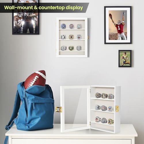 Image of TJ.MOREE 9 Rings Championship Ring Display Case 8x10 Wall Mount Wooden | Shadow Box with Locks to Show Sport, Class, Fraternity, and Award Rings, White