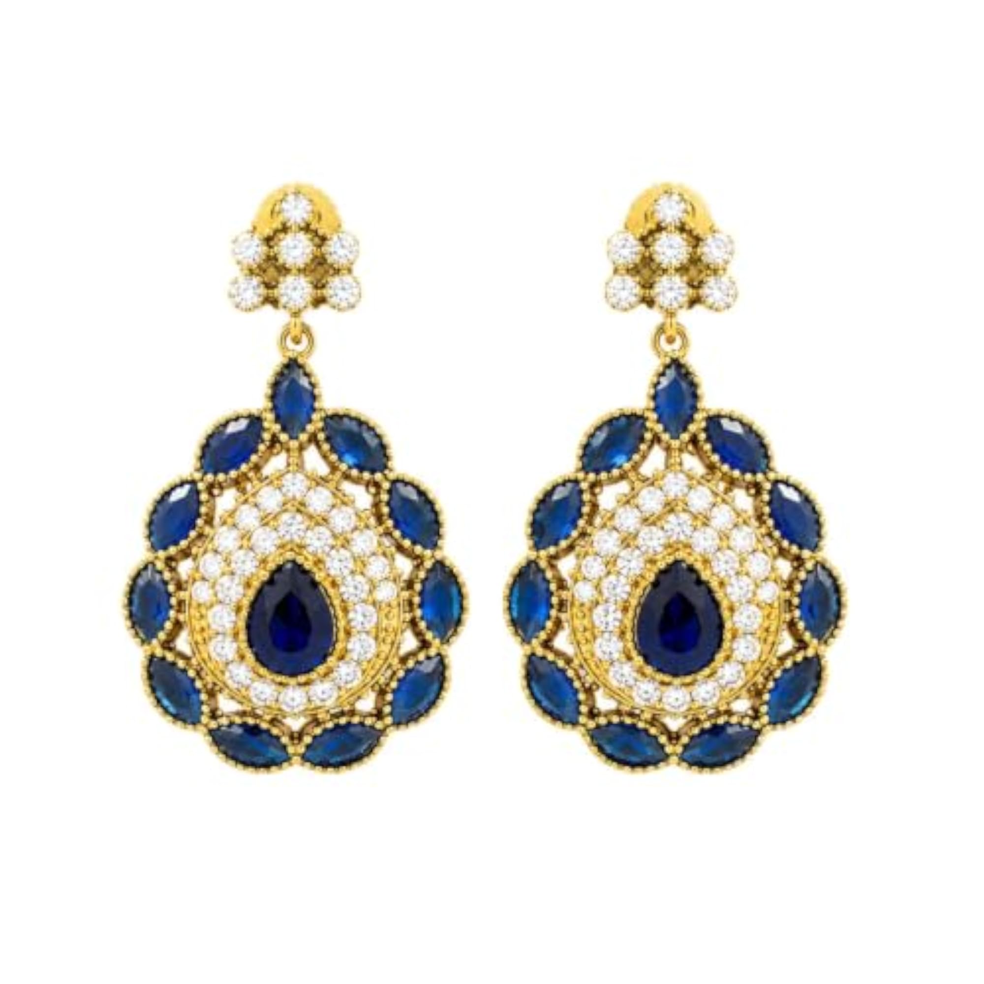 Floral Design Blue Stone Earrings for Women, Statement Drop Earrings