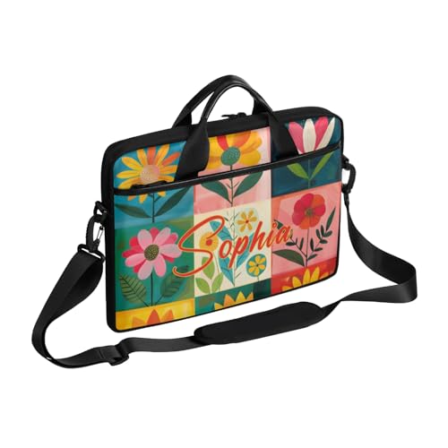 Custom Laptop-Bag with Name,Lightweight Portable Personalized Shoulder Computer-Bag,Customized Briefcase for Women Flowers Yellow Beige Pink