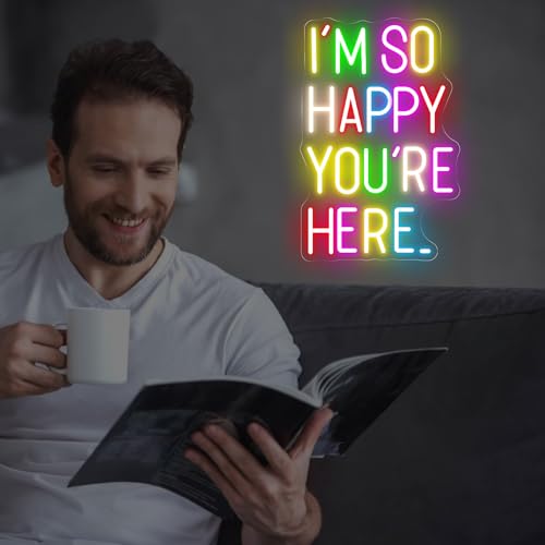 Image of I'm So Happy You're Here Neon Sign Positive Affirmation LED Sign | USB Powered Dimmable Neon Light for Bedroom Classroom Backdrop Decor Aesthetic 16.5 inchx10.8 inch
