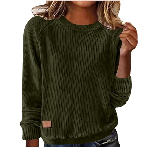 Womens Corduroy Tops Long Sleeve Lightweight Shirts 2026 Spring Fashion Loose Casual Crew Neck Pullover Sweatshirts Army Green
