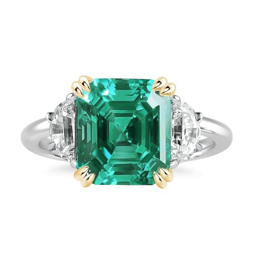 4.5ct Canary Yellow/Emerald Green Engagement Ring for Women,Two-Tone Asscher Cut Three Stone Promise Ring in 925 Sterling Silver