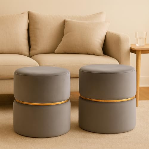 Image of Wooden Puffy Stool for Living Room Round Footstool - Ottoman Stool for Living Room Furniture Round Ottoman - Sitting Pouffe Ottoman Stool /Room Dcor /Office Stool - (Set of 2 Grey)