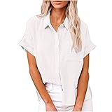 SMIDOW Womens Button Down Cotton Linen Shirts V Neck Roll Up Short|Long Sleeve Blouses Loose Collared Shirt Casual Work Tops