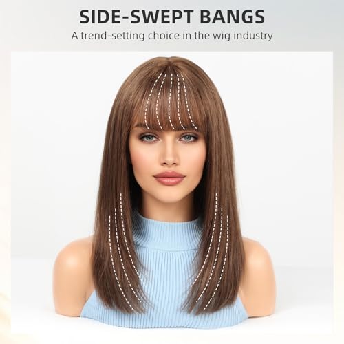 Image of KKU 16 Inch Brown Human Hair Wig,Human Hair Wigs,Human Hair Wig With Bangs, Lady Wigs Human Hair, Real Hair Wigs For Women