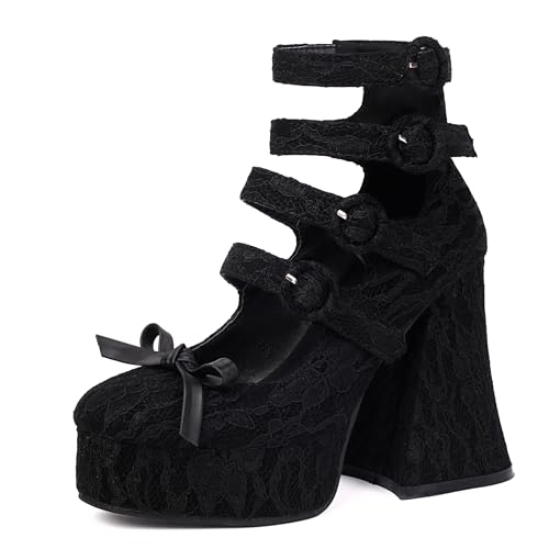 Shinelly Women's Gothic Platform Mary Jane Heels Lace Flower Punk Buckle Closed Toe Prom Costume Goth Pumps Ankle Strap Vintage Sweet Platform High Heels Shoes