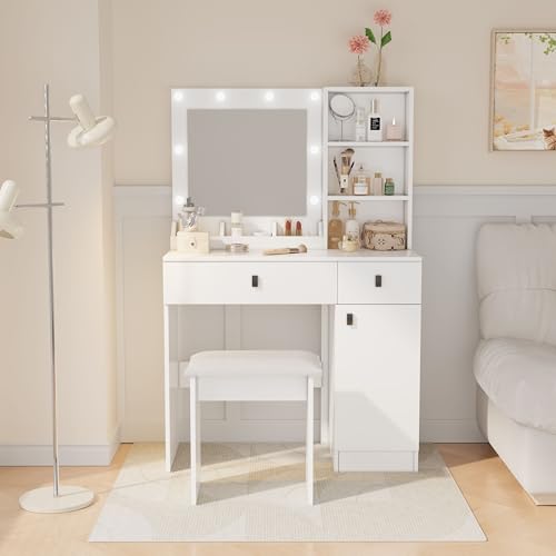 aphrophina Stylish and Functional Vanity Desk with Adjustable LED Mirror, Large Storage, and Modern Design for Bedroom, White