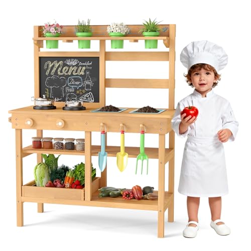COSTWAY Cuisine Extérieure Enfant avec Tableau Noir et 4 Pots, Cuisine de Boue en Bois de Sapin avec 2 Éviers Amovible et 3 Accessoires, Étagère, Cuisinières, Jeu d'Imitation Boueuse pour 3 Ans+