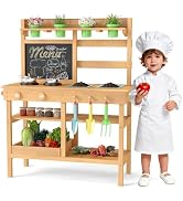 Cuisine Enfant COSTWAY En Bois Sapin - Avec Tableau Noir, Rideau, Réfrigérateur, Four, étagères - Idéal Pour 3 Ans Et Plus