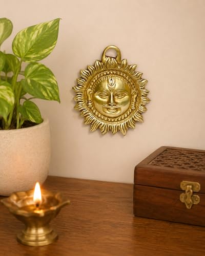 Image of Brass Sun Face Wall Hanging 4 Inches - Decorative Vastu & Feng Shui Showpiece for Home, Office, and Living Room - Yellow, Weight - 300 Grams