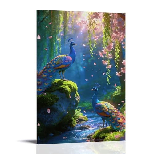 Toile murale paons forêt enchantée encadrée 30x45 cm SFXHHWG