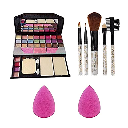 Women’s & Girl’s Fashion 6155 Multicolour Makeup Kit with 5 White Makeup Brushes Set and 2 Pink beauty Blenders- (Pack of 8)